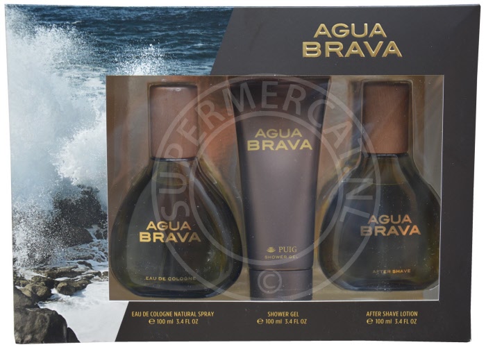 Het speciale Agua Brava pakket met aftershave, eau de cologne en de geliefde Agua Brava bad & douche gel, in Spanj bekend als gel de ducha