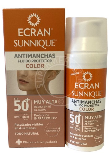 Ecran Sunnique Antimanchas Fluido Protector Color SPF50+ is samengesteld met de speciale "Cellular Defense" formule en beschermt tegen zonnebrand en versterkt de antioxiderende afweer van de huid