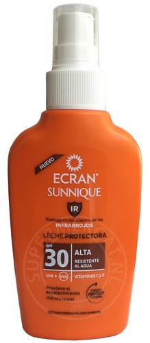 Ecran Sunnique Leche Protectora SPF30 zonnebrandcrème voor UVA, UVB en IR Infrarood bescherming komt rechtstreeks uit Spanje in deze handige flacon met een verstuiver