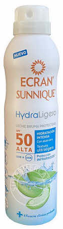 Ecran Sunnique HydraLigero Leche Bruma Protectora is een beschermende zonnebrand spray uit Spanje en bevat Aloe Vera voor een optimaal effect