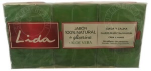 Deze Lida Jabon 100% Natural de Glicerina y Aloe Vera zeep wordt geleverd in een 3-pack en komt rechtstreeks uit Spanje