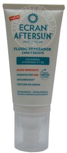 Ecran Aftersun Fluido Reparador Cara y Escote provides good skin care after sun exposure and can be used for the face and neck