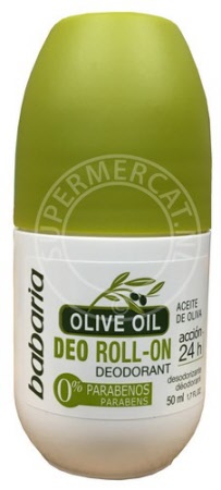 This Babaria Deodorant Roll-On Aceite de Olivia sin alcohol contains olive oil and provides excellent protection